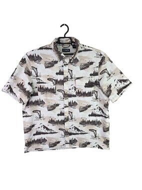 Mens Chaps Button Up Short Sleeve Shirt Beige Brown Outdoor Print Polyester XXL